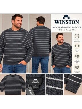 Winston Men’s 4XL Striped Crewneck Sweater NWT Black Gray White Big & Tall